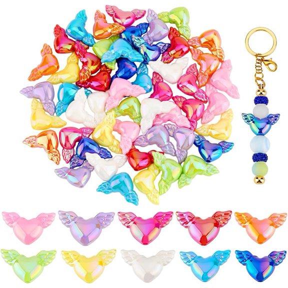 60Pcs 10 Colors AB Color Plated Acrylic Beads Heart and Wing Mixed Color 20x30mm 6pcs/color for DIY