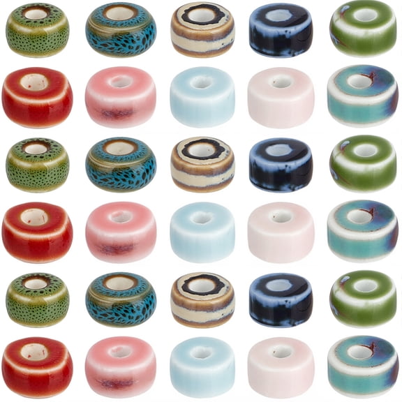 60Pcs 10 Colors Glazed Porcelain Beads Glossy Ceramic Beads Flat Round Mixed Color 9.5~10x6mm Hole: 3mm 6pcs/color