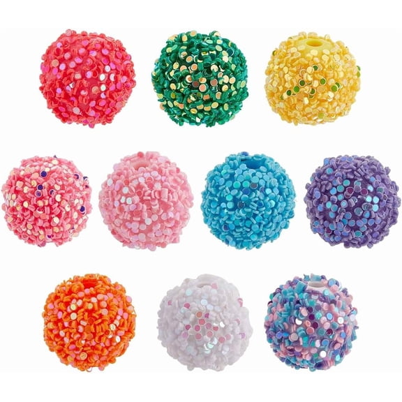 60Pcs 10 Colors Opaque Acrylic Beads Round with Sequin Mixed Color 16x15mm Hole: 2mm 6pcs/color for DIY