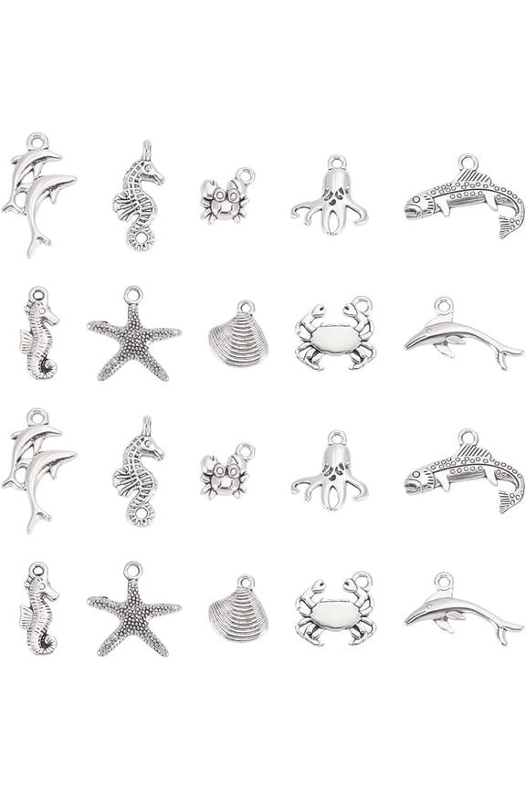 60Pcs 10 Styles Antique Silver Ocean Theme Tibetan Style Alloy Pendants Sea Animals Charms with 1.6-2mm Hole