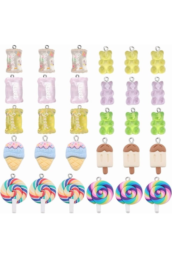 60Pcs 10 Styles Candy Charms Bulk Candies Charm Cute Resin Bear Dessert Fruit Small Lollipop Colorful Gummy Sweet Charms Bulk