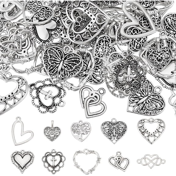 60Pcs 10 Styles Metal Heart Charms Tibetan Style Heart Pendants Antique Silver Charms Tiny Love Pendants Hollow Charms for DIY Bracelet Necklace Jewelry Findings Making