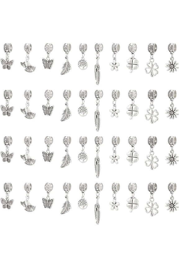 60Pcs 10 Styles Wholesale Bulk Lots Jewelry Making Silver Charms Bulk Metal Pendants Daisy Flower Leaf Butterfly Charms Alloy Dangle Spacer Beads for DIY Necklace Bracelet Making Hole 4.5mm