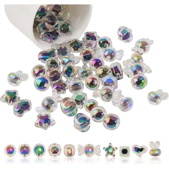 60Pcs 10Styles Transparent Acrylic Candy Bead Heart Bead in Bead Assorted Round Cube Rabbit Plastic Bead for Hair Braids Phone Lanyard Wrist Strap DIY Craft Mixed Shapes