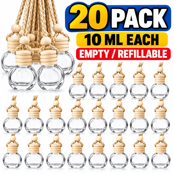 20Pcs 10ml Refillable Glass Car Air Freshener Diffuser Bottles, Empty with Wooden Caps