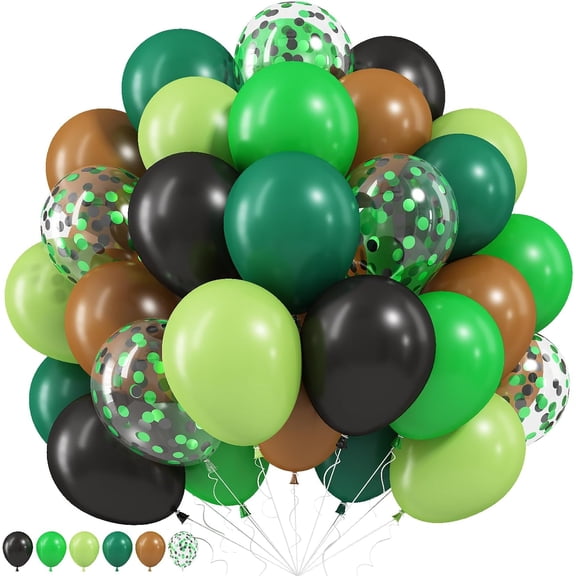 60Pcs 12 Inch Dark Green Black Confetti Latex Balloons, Camo Jungle Hunting Army Game Themed Balloon Kit for Graduation Party Decor Supplies