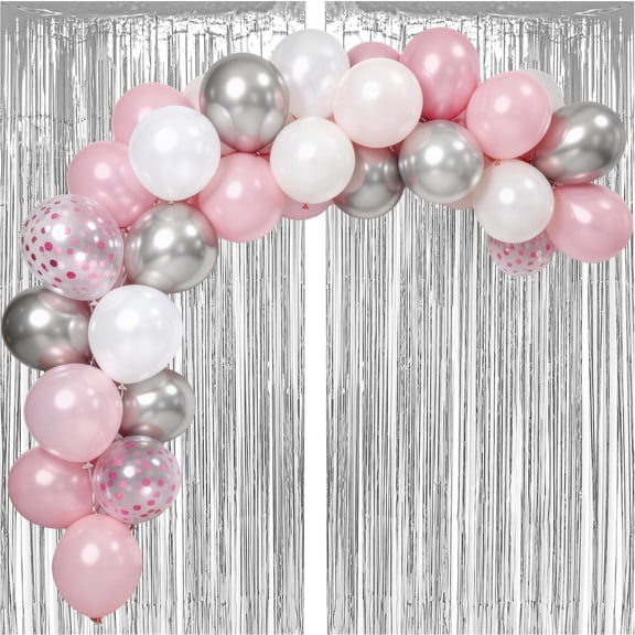 60Pcs 12 Inch Metallic Silver Macaron Pink White Silver Confetti Balloons and 2 Pack Silver Streamer 3.2 x 6.56 FT for Birthday Wedding Baby Bridal Shower Party Decorations