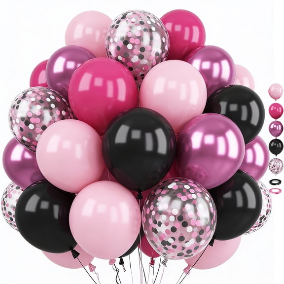 60Pcs 12 Inch Pink and Black Balloons, Hot Pink Light Pink Black Confetti Metallic Pink Balloons for Girls Women Birthday Baby Bridal Shower Wedding Theme Party Decorations