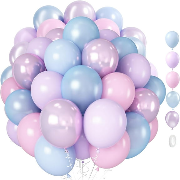 60Pcs 12 Inch Pink Purple Blue Balloon, Metallic Pastel Balloon Iridescent Pearl Pink Blue Purple Party Balloons for Girls Birthday Baby Shower Party Decorations