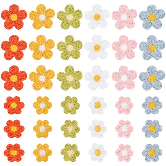 60Pcs 12 Style Flower Shape Two Tone Crochet Appliques Ployester Yarn Knitting Embroidered Embellishments Mixed Color 35~50x35~50x1.5~3mm