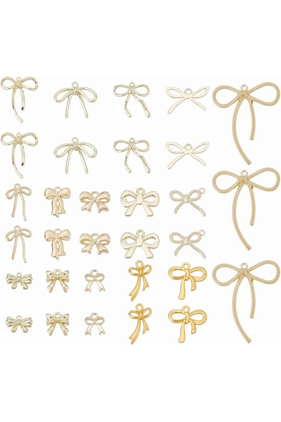 60Pcs 15 Styles Bowknot Charms Earring Charms Bowknot Pendants with Rhinestone Cute Charms Golden Charms Necklace Charms Jewelry Charms for Bracelet Earrings Wedding Gold