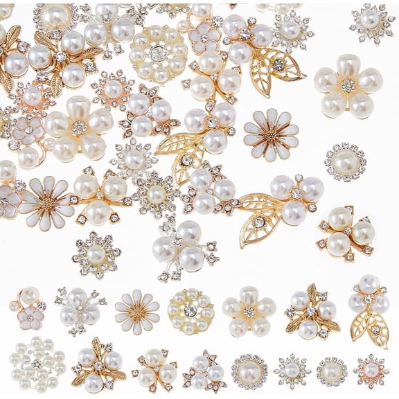 60Pcs 15 Styles Rhinestone Buttons White Pearl Buttons Flower Button Embellishments Craft Flat Back Rhinestone Embellishments for Sewing DIY Wedding Clothes Bags Shoes Decorations Camellia