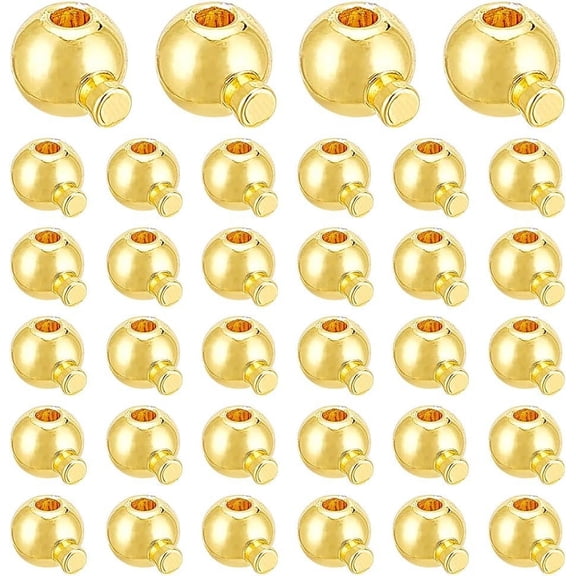 60Pcs 18K Gold Plated Crimp Beads Bulk Stopper Beads with Pin Metal Loose Rondelle Spacer Beads Round Stopper Crimp End Beads