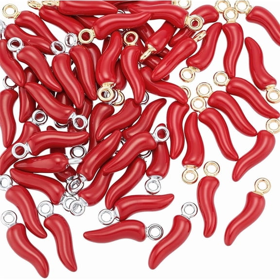 60Pcs 2 Color Alloy Enamel Red Chili Pepper Charms Fiery Resin Charm Pendants with Loop Vegetable Dangle Pendant Bulk Lucky Horn Shape Jewelry Charm for DIY handcrafting