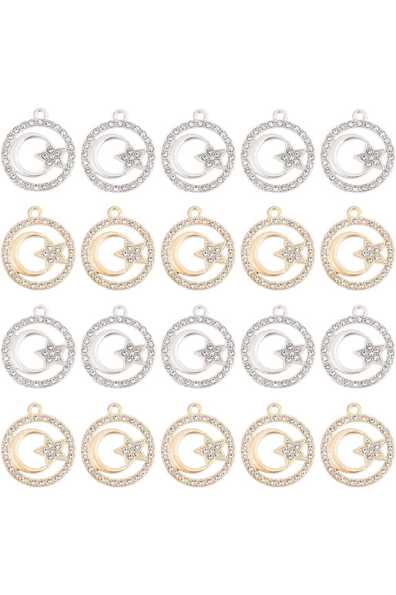 60Pcs 2 Colors Alloy Moon Star Charms Rhinestone Celestial Charms Metal Crescent Pendants Star Pendants Bulk Hollow Flat Round Charm for DIY Necklace Bracelet Jewelry Making