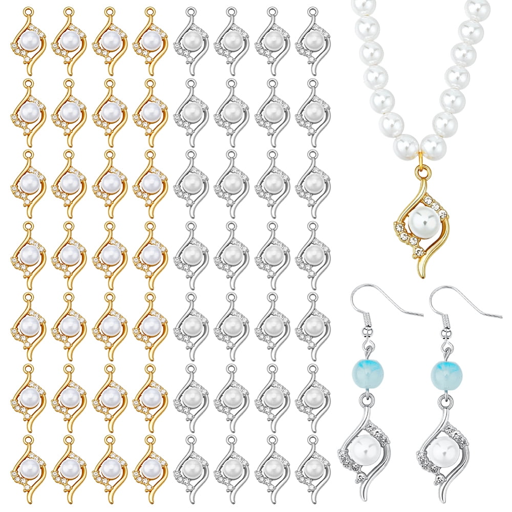 60Pcs 2 Colors Alloy Rhinestone Pendants with Imitation Pearl Beads Mixed Color 27.9x13.7mm 30pcs/color