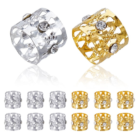 60Pcs 2 Colors Aluminum & Rhinestone Dreadlocks Braiding Beads for Hair Styling Column Mixed Color 12.5x10.5mm Inner Diameter: 11.5mm 30pcs/color