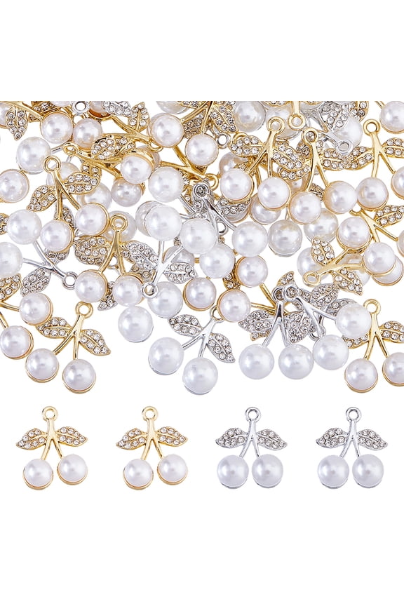 60Pcs 2 Colors Cherry Charms Alloy Rhinestone Cherry Pendants Cute Fruit Charms Fruit Pendants Bulk with Plastic Pearl