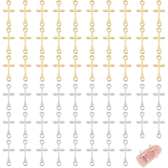 60Pcs 2 Colors Cross Charm Stainless Steel Connector Charms Cross Links Golden Charm Crucifix Connector Charm Easter Theme Pendants Metal Charm for Bracelet Necklace Jewelry Making