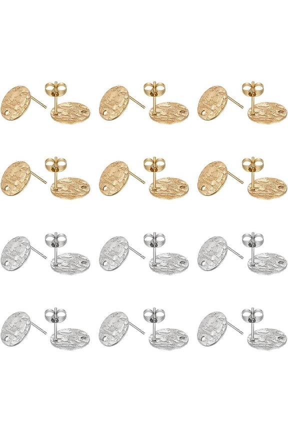 60Pcs 2 Colors Flat Round Earring Posts 30 Pairs Stainless Steel Stud Earring with Earring Backs Metal Earring Post Textured Round Earring Stud Finding