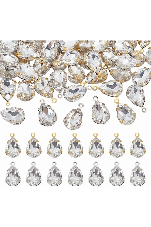 60Pcs 2 Colors Glass Teardrop Charms Faceted Water Drop Pendants Cubic Zirconia Charms Oval Transparent Dangle Charm for Bracelet Necklace Earring Keychain Jewellery Making Hole:1mm Platinum Golden