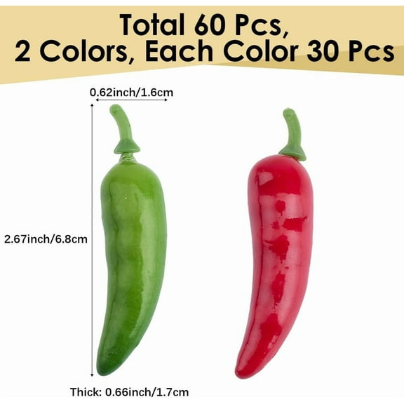 60Pcs 2 Colors Mini Fake Hot Chili Peppers Pepper Simulation Artistic Lifelike Red Pepper Plastic Vegetable for Photographic Props Home Kitchen Table Decoration Cabinet Ornament