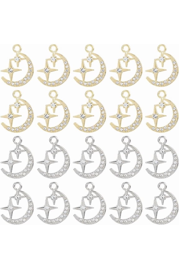 60Pcs 2 Colors Moon Star Charm Celestial Pendants Alloy Rhinestone Pendants Cubic Zirconia Moon Diamond Charm Silver Gold Dangle Charm Pendant for Jewelry Making colorful DIY
