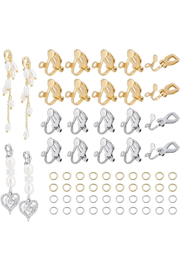 60Pcs 2 Colors Stainless Steel Clip-on Earring Findings with 80Pcs Open Jump Rings Flat Round Blank Tray Earrings Non-Pierced Earrings Converters for Earring Jewelry Making