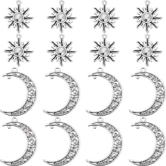 60Pcs 2 Style Tibetan Style Alloy Pendants Solar Eclipse Pendants Lead Free & Cadmium Free Sun & Moon Antique Silver 28.5~41x23~30x1.5~2mm Hole: 1~2mm about 30pcs/style