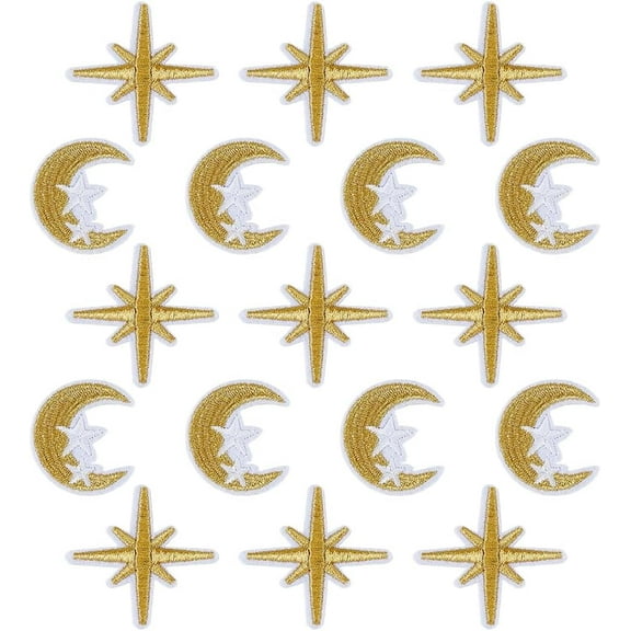 60Pcs 2 Styles Moon Star Embroidered Patch Moon Star Iron On Patches Moon Star Applique Patches Bulk Small Sew On Patches Gold Small Fabric Patches for Clothes Bags Jeans Sewing Crafts