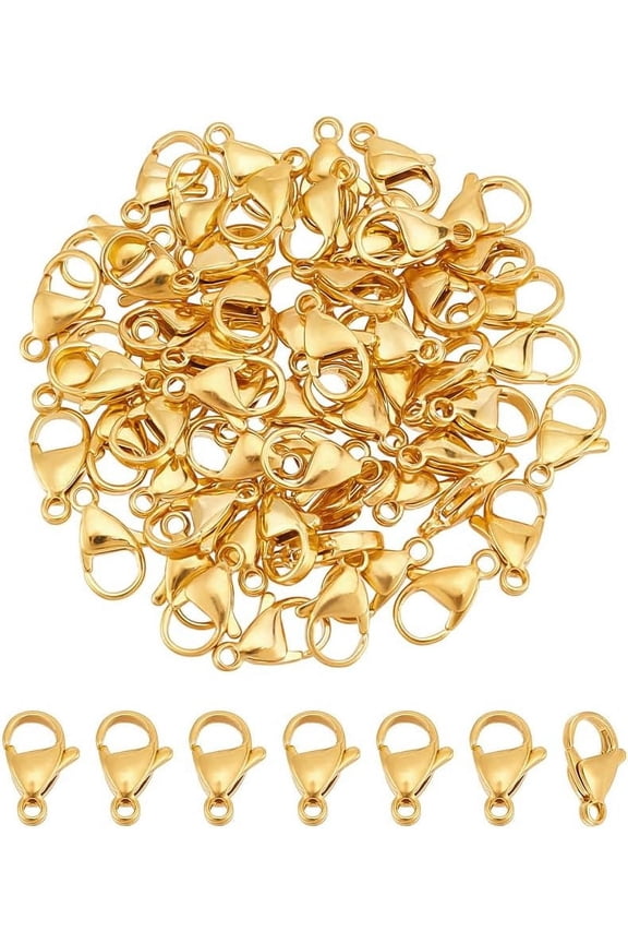 60Pcs 24K Gold Plated Necklace Clasps Stainless Steel Lobster Claw Clasp 15mm Fastener Hook End Chain Clasps Jewelry Clasp and Closures for Bracelet Necklace Making