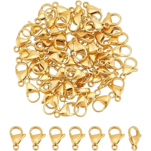 About 60Pcs 24K Gold Plated Necklace Clasps Stainless Steel Lobster Claw Clasp Bracelet Clasps 15mm Fastener Hook End Chain Clasps Jewelry Clasps and Closures for Bracelet Necklace Making