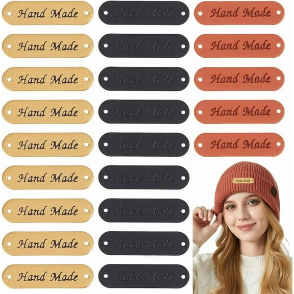 60Pcs 3 Colors Handmade PU Leather Tags Handmade Embossed Sew on Tags with Holes Leather Personalized Product Labels