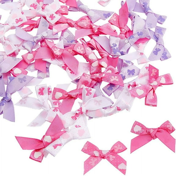 60Pcs 3 Colors Mini Ribbon Bows 4x2.5cm Satin Ribbon Bows Heart Pattern Print Ribbon Bowknot for DIY Sewing Craft Wedding Decoration Gift Box Wrapping Card Making Embellishments Multi-color