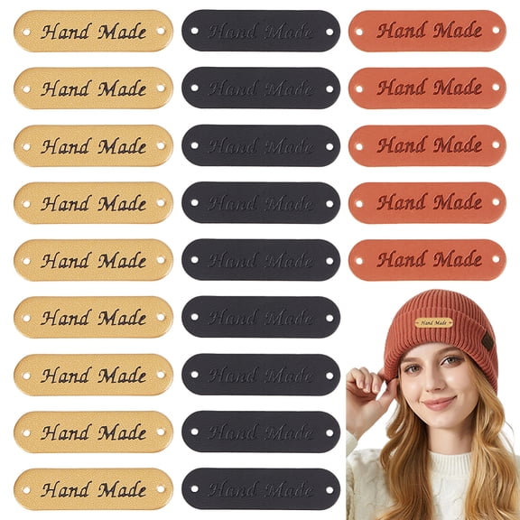 60Pcs 3 Colors PU Leather Labels Handmade Embossed Tag with Holes for DIY JeansOval with Word Hand Made Mixed Color 12x45x1mm20pcs/color