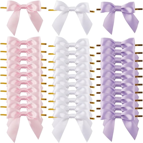 60Pcs 3 Colors Twist Tie Bows 3.35" Pink Grosgrain Ribbon Twist Tie Bows White Satin Ribbon Bows for Treat Bags Pretied Bows Premade Craft Bows for Gift Wrap Wedding Candy Party Decoration DIY