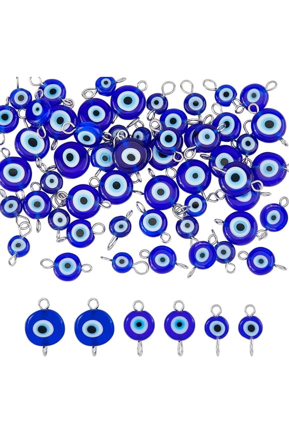 60Pcs 3 Sizes Evil Eyes Connector Charms 6/8/10MM Pendants With 2 Holes Turkish Blue Eye Charm Flat Beads Pendant