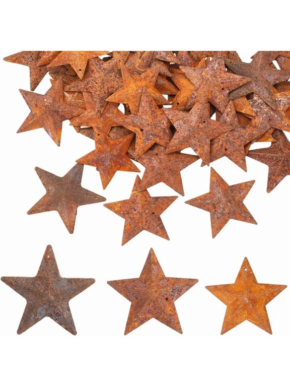 60Pcs 3 Sizes Metal Rusty Barn Star 40mm 45mm 47mm Rustic Iron Country Stars Pendants with Hole Vintage Primitives Farmhouse Wall Door Accents for Home Outdoor Party Remembrance Ornament Colorful DIY
