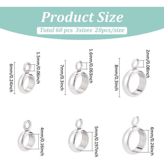 60Pcs 3 Sizes Stainless Steel Tube Bails Loop Bails Hanger Links Connectors with Loop European Large Hole Spacer Column Bails for Pendant Jewelry Making Bracelet Necklace Craft Accessories