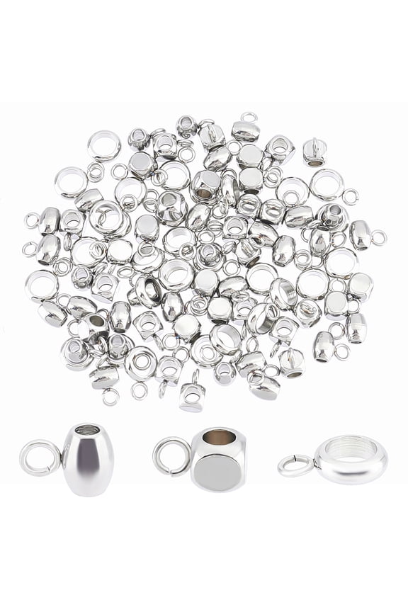 60Pcs 3 Style 304 Stainless Steel Tube Bails Loop Bails Barrel Ring Cube Bail Beads Stainless Steel Color 7~8.5x4~6x2~4mm Hole: 1.6~2mm for DIY