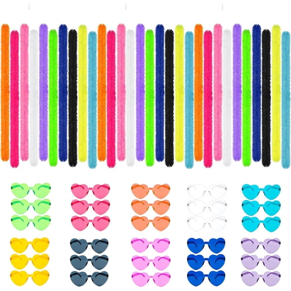 60Pcs/30Set 4.6ft Feather Boas and Heart Sunglasses, Artificial Fluffy Boas Bulk Rimless Glasses Party Favors for WeddingChristmasBachelorette