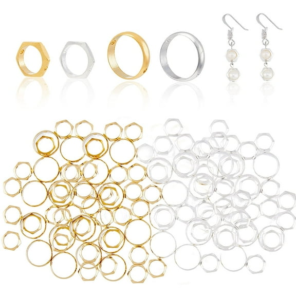 60Pcs 4 Style Brass Beads Frames Long-Lasting Plated Round Ring Hexagon Mixed Color