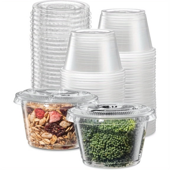 60Pcs 4oz Clear Disposable Plastic Portion Cups with Lids, Small Mini Containers for Portion Control, Jello Shots, Meal Prep, Sauces, Slime, Condiments, Medicine, Dressings & Crafts