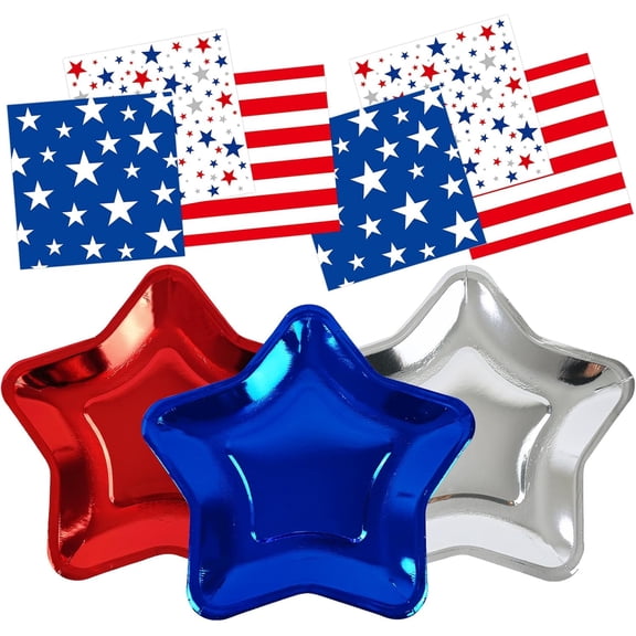 60Pcs 4th of July Plates and Napkins Patriotic Decorations, 9.5inch Disposable Red White Blue Star Paper Dessert Plates American Flag Luncheon Cocktail Napkins Party Supplies for 250th Anniversary