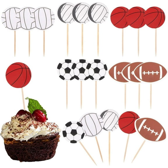 60Pcs 5 Styles Sports Cupcake Toppers Toothpick Cake Topper Paper Sport Ball Theme Football Volleyball Rugby Basketball Cheese Flag Label Insert Cards DIY