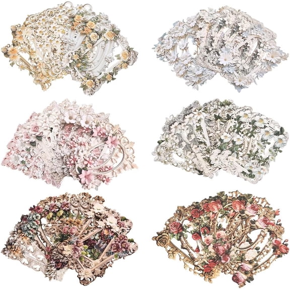 60Pcs 6 Colors Floral Paper Frames Vintage Frame Corner Stickers Colorful Hollow Flower Embossed 3D Retro Border Decorative Non Adhesive Stickers for Junk Journal Scrapbooking Art DIY Crafts