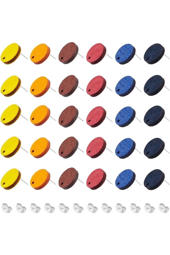 60Pcs 6 Colors Stud Earring Findings Wooden Earring Posts with Hole Natural Wooden Earrings Blanks Flat Round Ear Studs with Ear Nuts for DIY Earrings Jewellery Making Hole 1.5mm for DIY