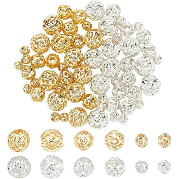 60Pcs 6 Style Brass Hollow Beads Long-Lasting Plated Round Real 18K Gold Plated & Silver Mixed Color 1/8~3/8 inch(4~8mm) 10pcs/style