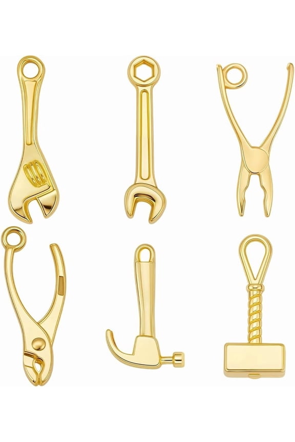 60Pcs 6 Style Mini Tool Charms 18K Gold Plated Alloy Hammer Wrench Charm for Jewelry Making DIY Crafts Bracelet Necklace Supplies