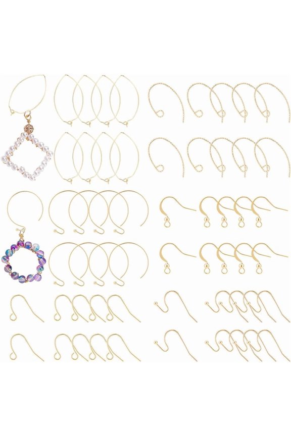 60Pcs 6 Style Real 18K Gold Plated Brass Earring Hooks Brass Ear Wires with Horizontal Loops